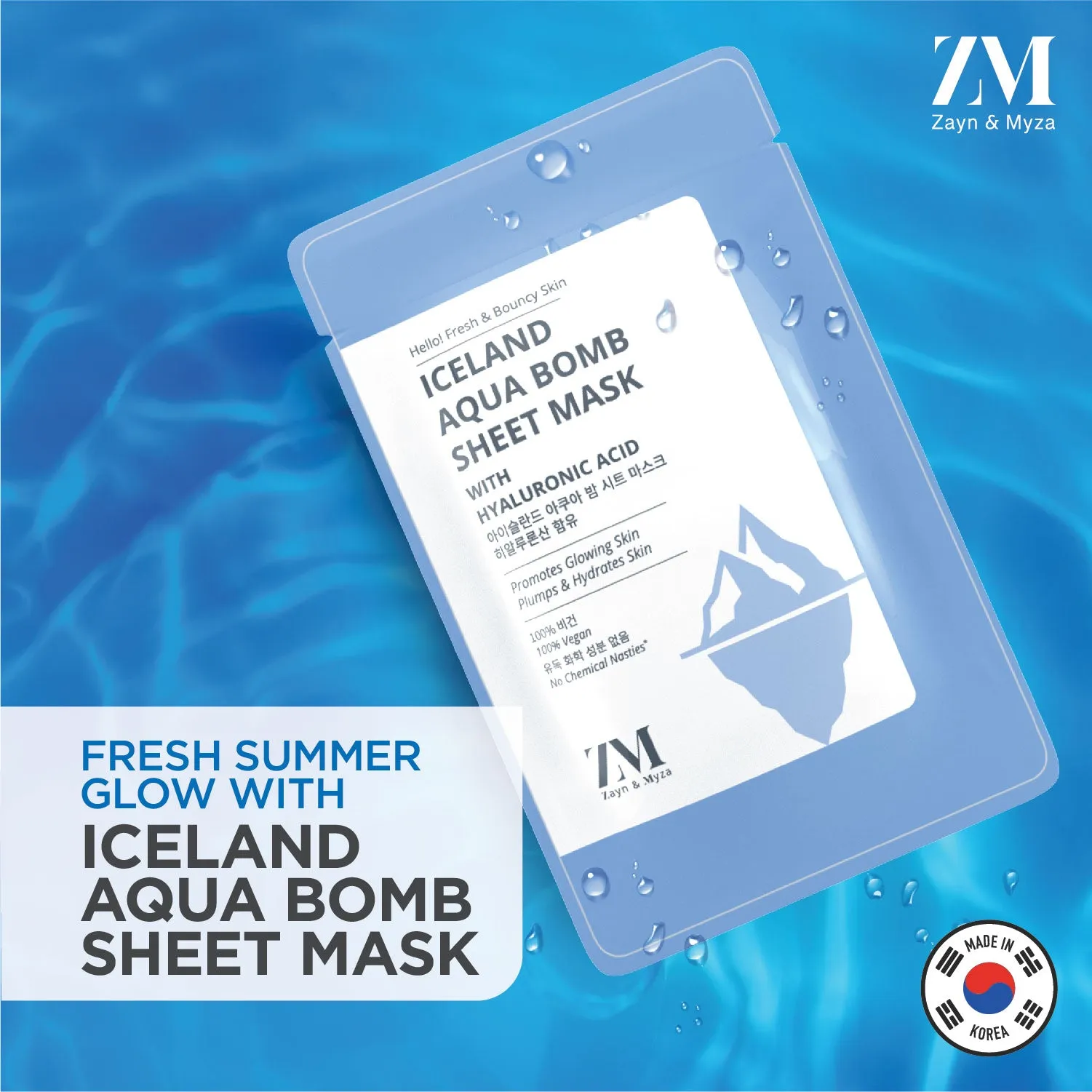 K-Beauty Zayn & Myza Iceland Aqua Bomb Sheet Mask - Hello! Fresh and Bouncy Skin (Made in Korea)