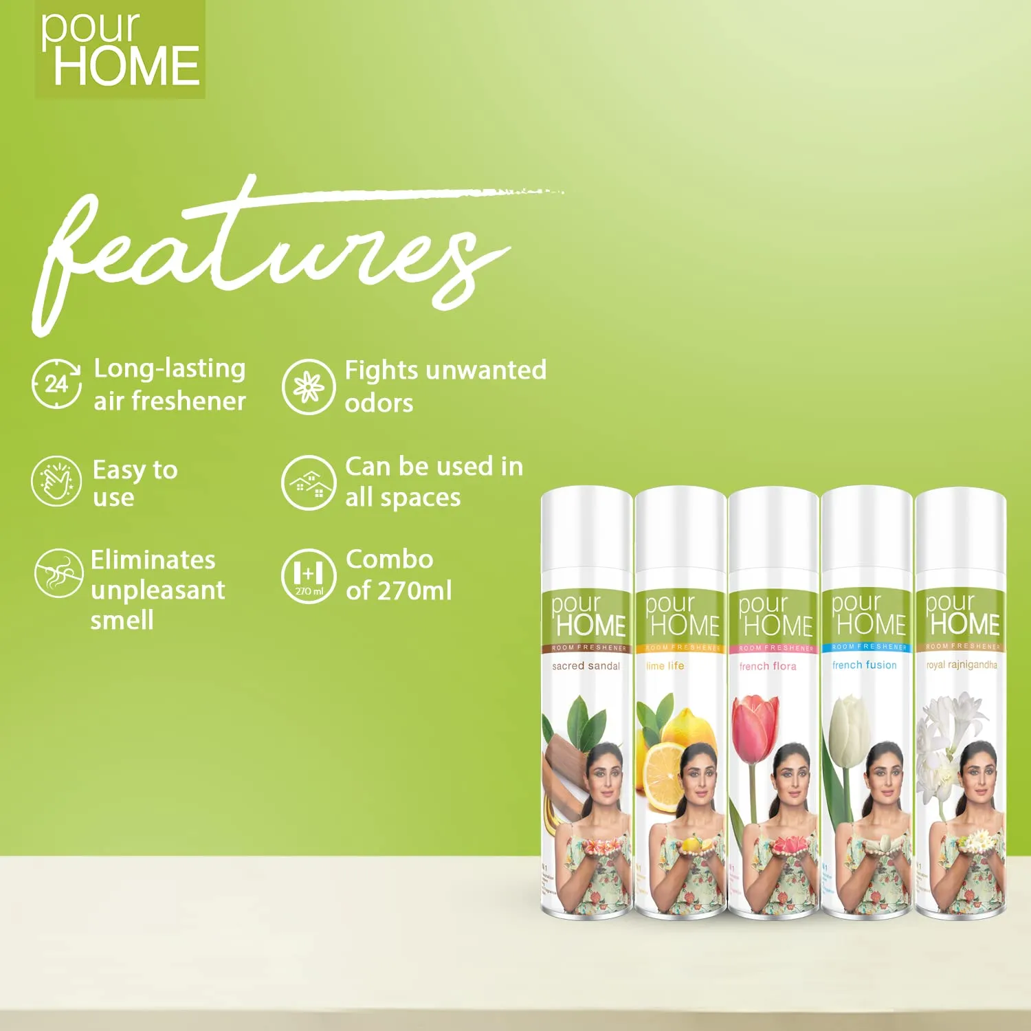 POUR HOME Sandal, Lime,Flora,Fusion,Rajnigandh Room Air Freshener Spray -220ML Each (Combo of 5) | Long-Lasting Fragrance - Reduces Odours - Suitable for Home & Office