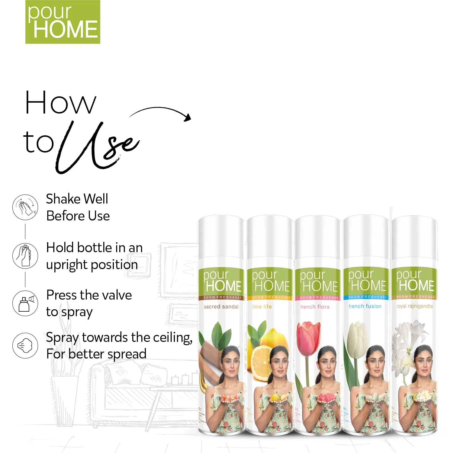 POUR HOME Sandal, Lime,Flora,Fusion,Rajnigandh Room Air Freshener Spray -220ML Each (Combo of 5) | Long-Lasting Fragrance - Reduces Odours - Suitable for Home & Office