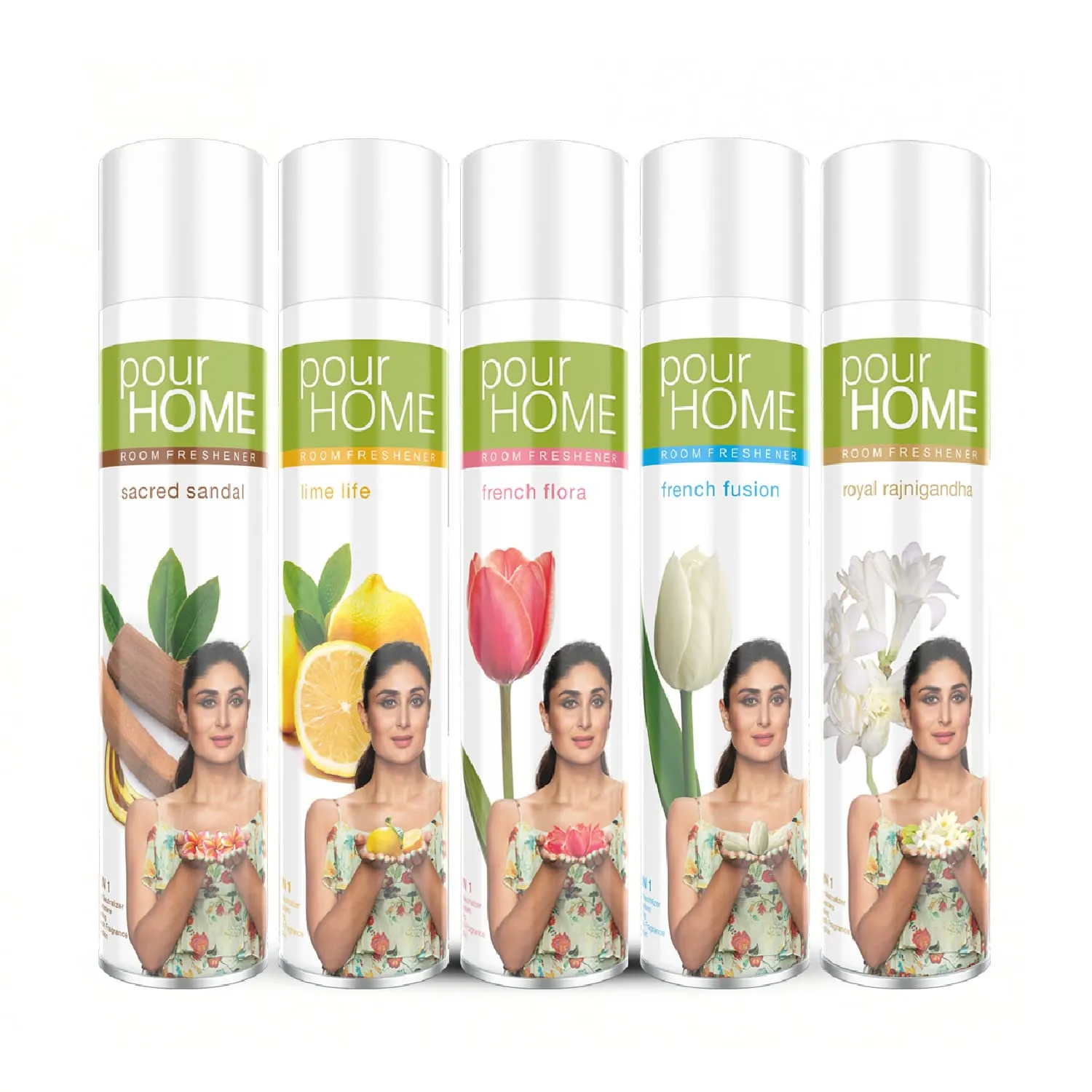 POUR HOME Sandal, Lime,Flora,Fusion,Rajnigandh Room Air Freshener Spray -220ML Each (Combo of 5) | Long-Lasting Fragrance - Reduces Odours - Suitable for Home & Office