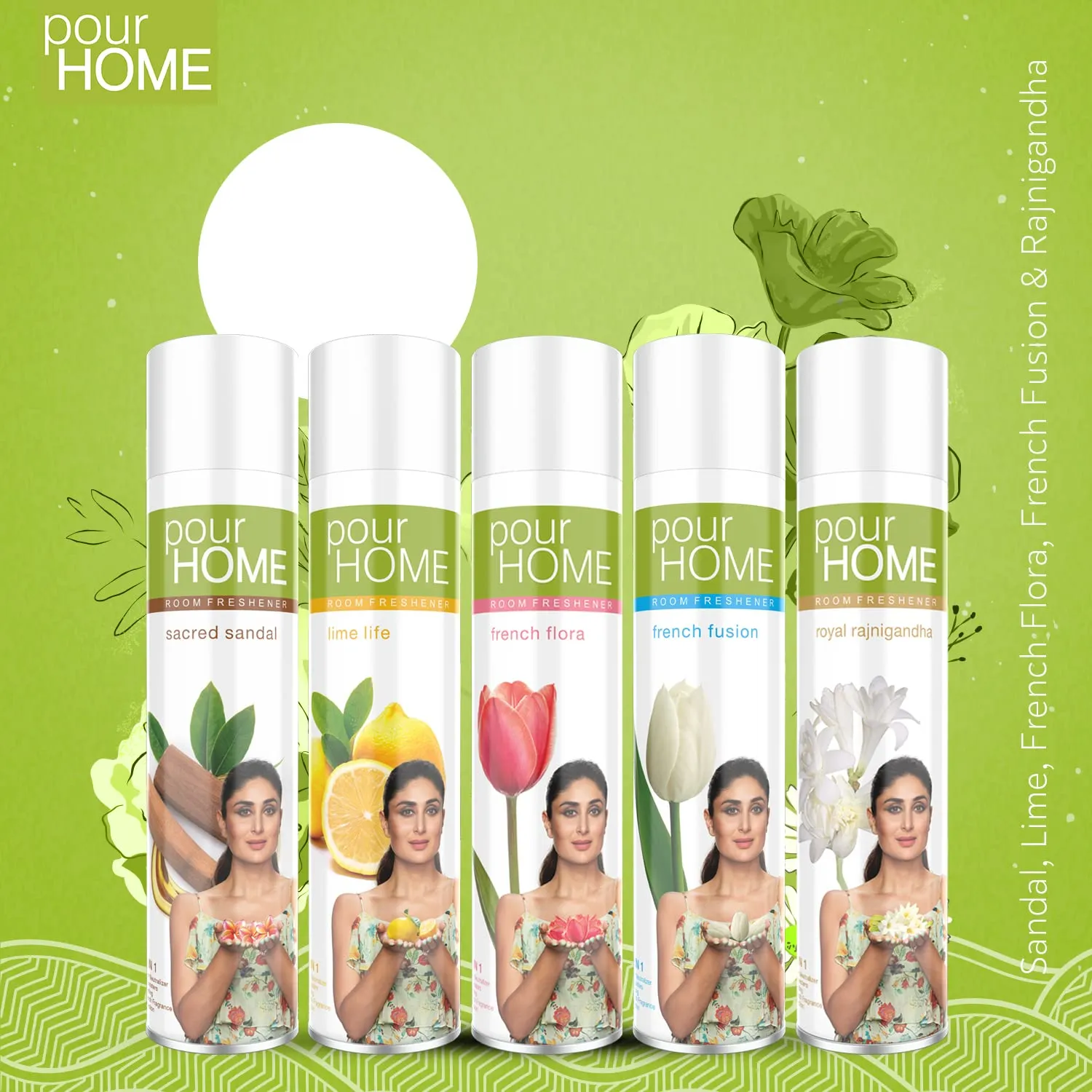 POUR HOME Sandal, Lime,Flora,Fusion,Rajnigandh Room Air Freshener Spray -220ML Each (Combo of 5) | Long-Lasting Fragrance - Reduces Odours - Suitable for Home & Office