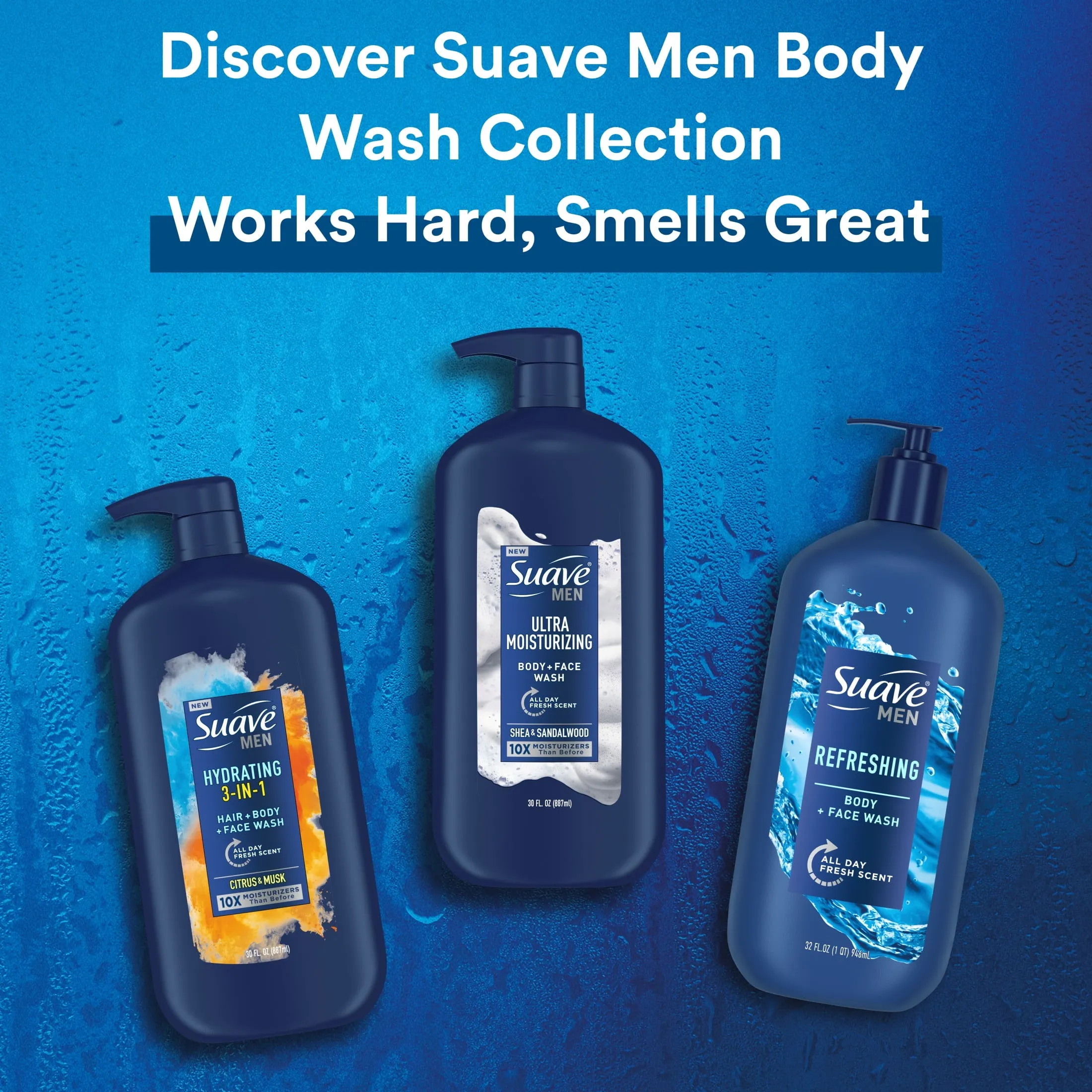 Suave Men 3 in 1 Mens Body Wash, Hair, Face and Body Wash, Citrus and Musk, All Hair Types 30 oz