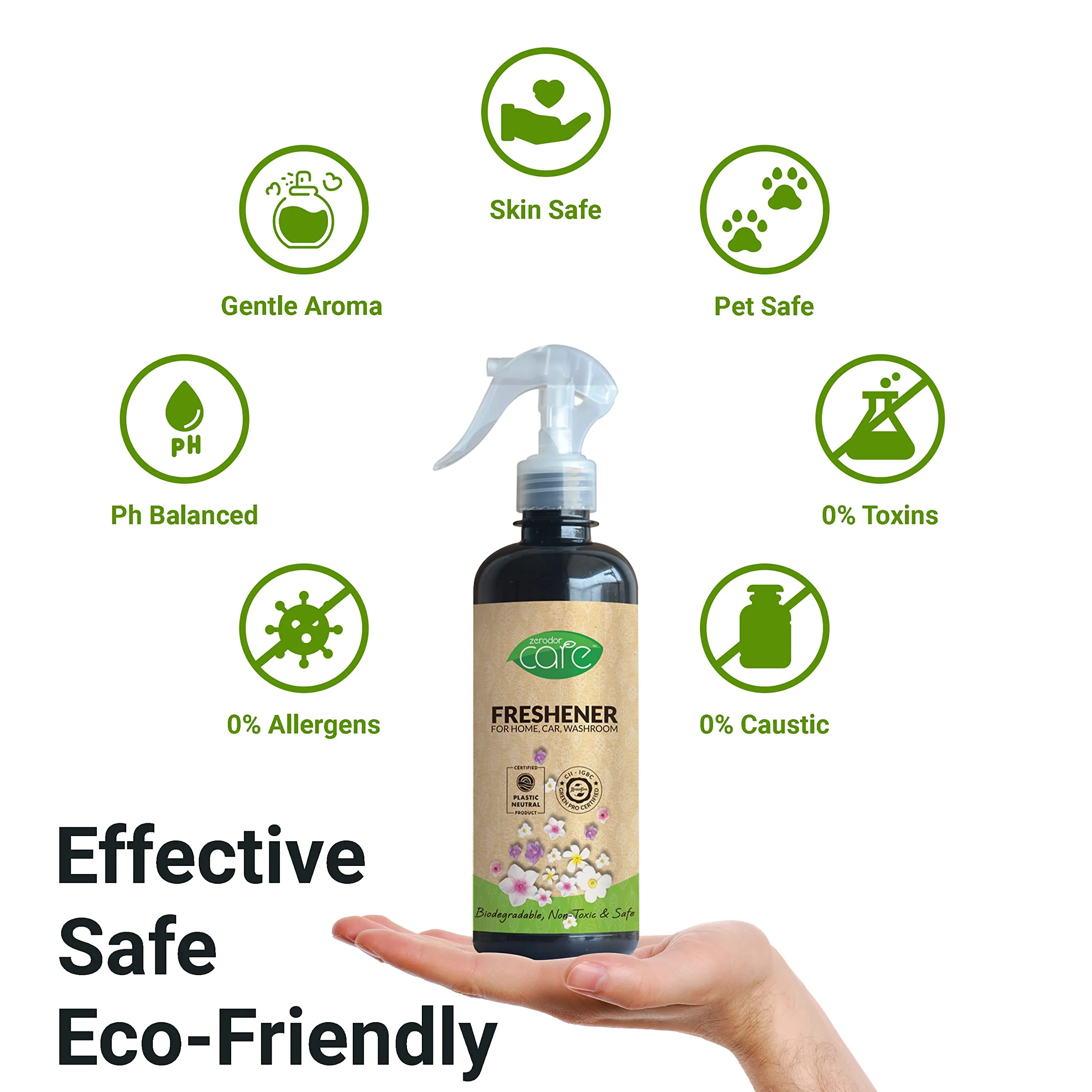 Zerodor Care Multipurpose Natural Freshener Spray for Home, Car & Washroom | Fabric Freshener | Long Lasting Fragrance | Non-Toxic | 100% Eco Friendly & Biodegradable | Safe for Kids | 400 ML |